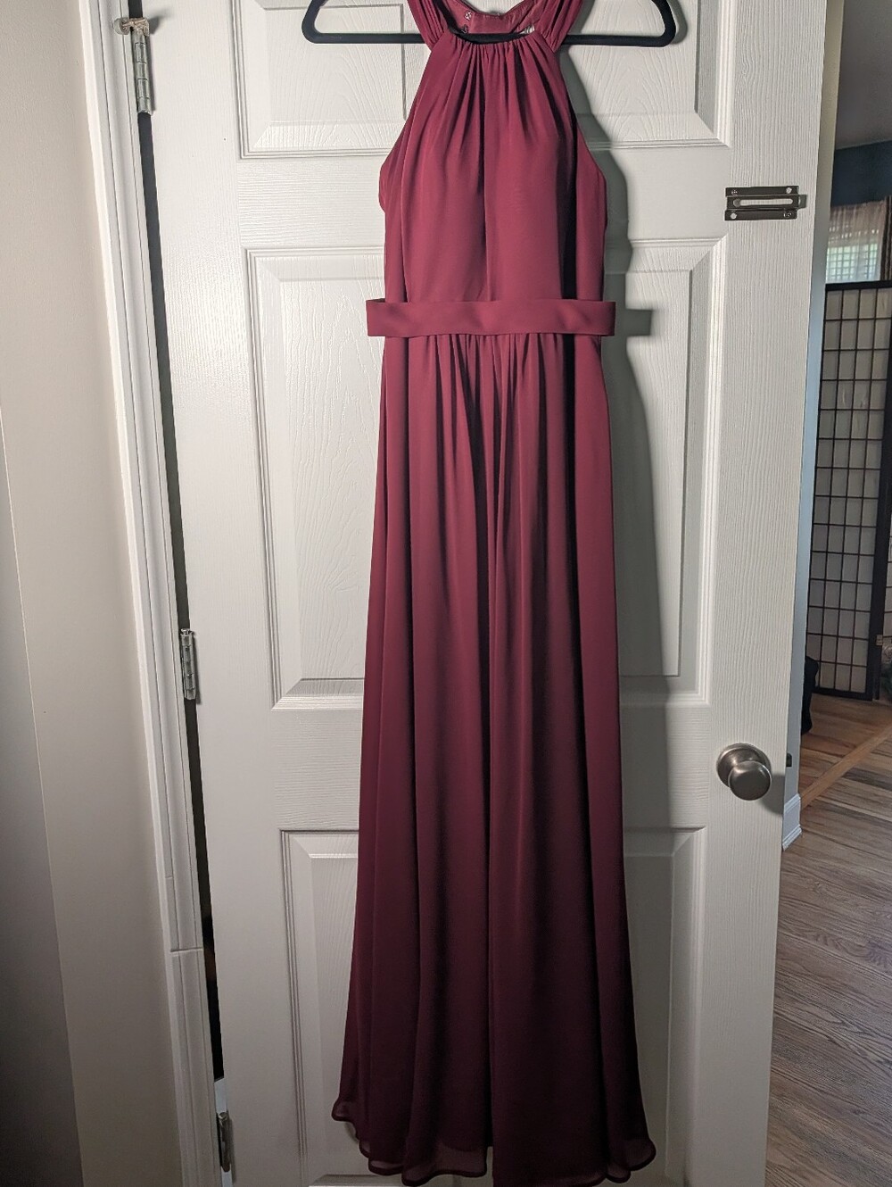Azazie Burgundy Halter Chiffon Bridesmaid Maxi Dress, A6